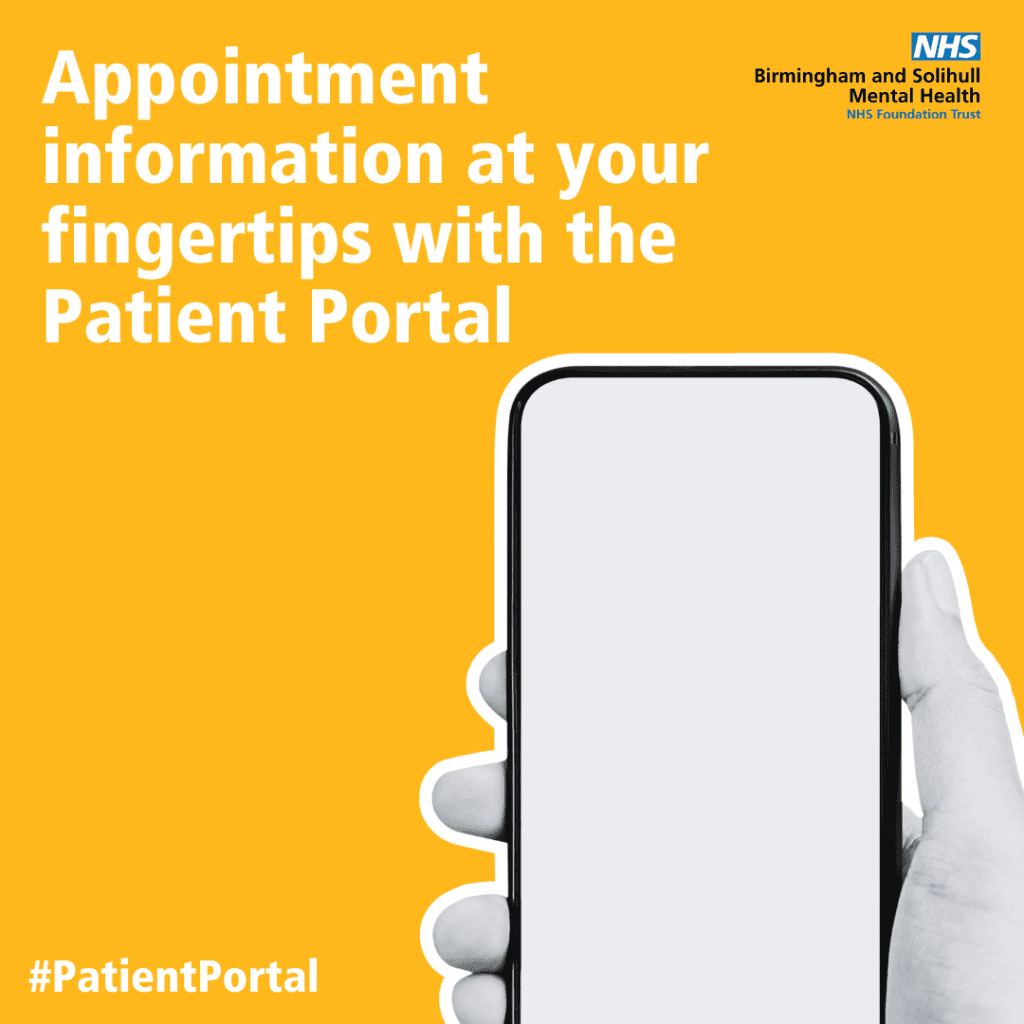 a hand holding phone, the text reads: appointment information at your fingertips with the patient portal 