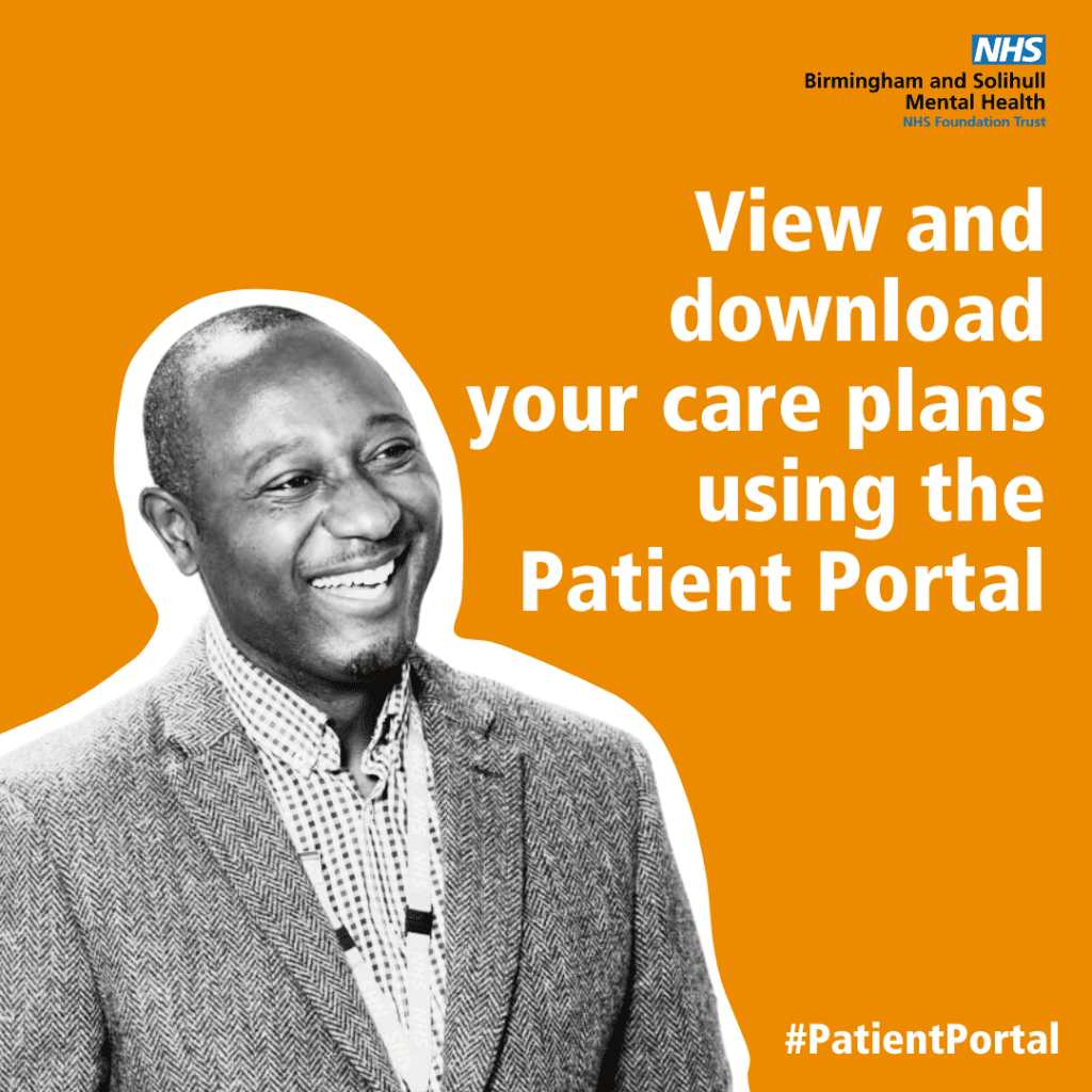 a male staff member smiling. the text reads: view and download your care plans using the patient portal 