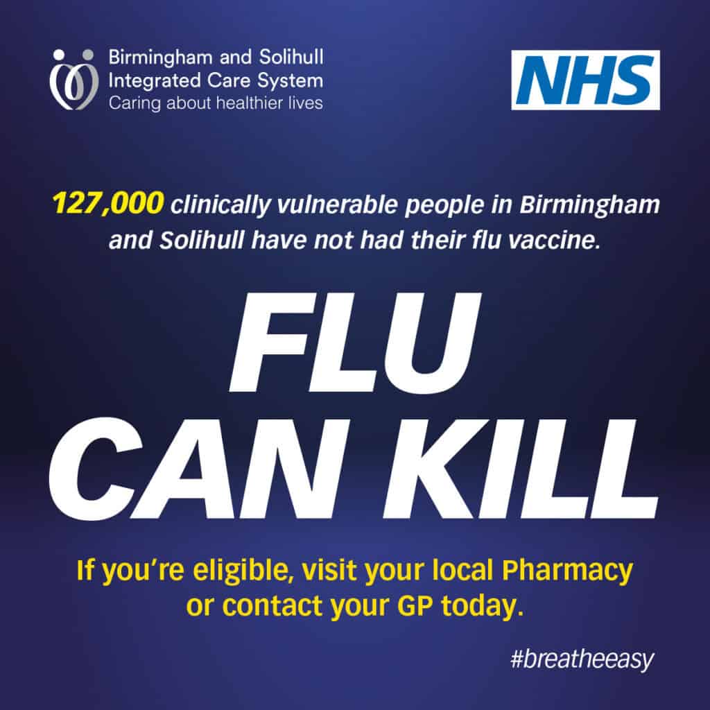 127,000 clinically vulnerable people in Birmingham and Solihull have not had their flu vaccine. If you or someone you know is eligible, visit your local Pharmacy or contact your GP today.